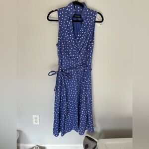 Evan-Picone blue sleeveless polka dot dress.